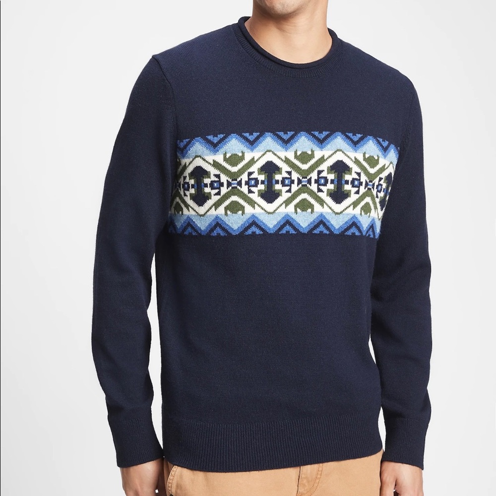 Gap Mens Fair Isle Crewneck Sweater Pullover‎ XL XXL Southwestern Navy Blue NWT